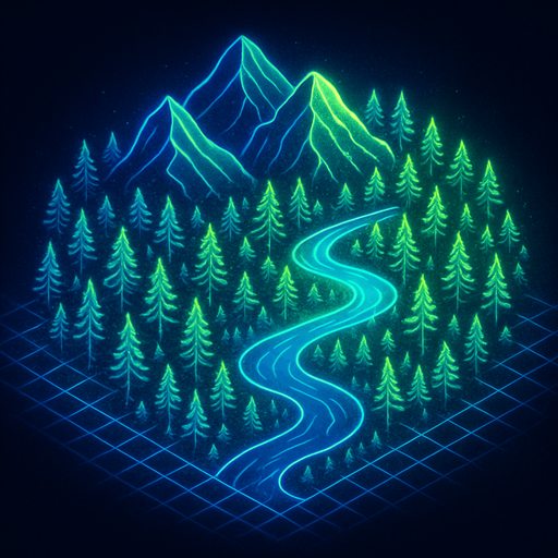 Top down isometric anime forest River mountains neon map grid hologram