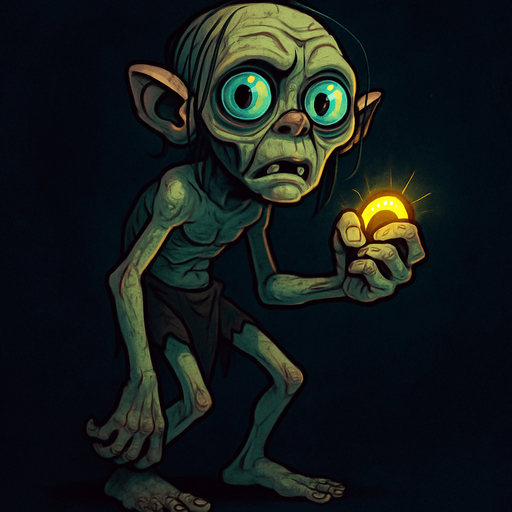 A full-body stylized illustration of Smeagol (Gollum), showing his thin, hunched frame and large expressive eyes. He is barefoot and shirtless, wearing ragged shorts, with exaggerated cartoonish features that highlight his creepy yet pitiful nature. He clutches a glowing precious ring tightly in one hand. The art style is dark fantasy with vibrant colors, detailed skin textures, and a shadowy, mysterious background to enhance the eerie atmosphere. Perfect for full-character concept art or game design..
In-Game asset.  2d.  High contrast.  No shadows