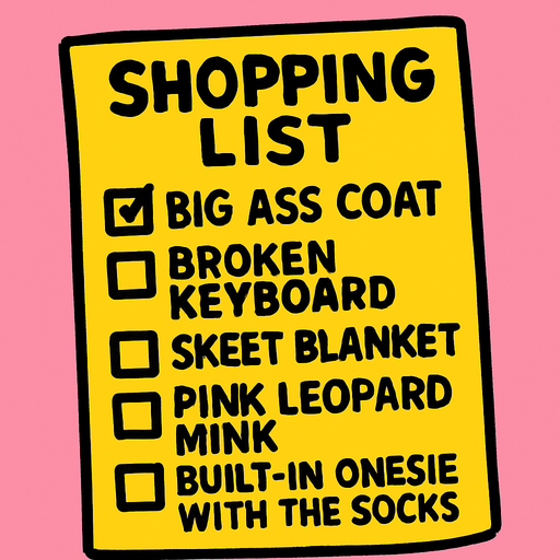 Shopping list that says Big ass coat, Broken keyboard, skeet blanket, pink leopard mink, built-in onesie with the socks.
In-Game asset.  2d.  High contrast.  No shadows