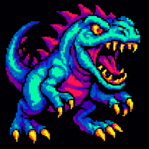 90'lardaki retro oyun dinazoru. vahşi olsun. diğer canavarlarda gibi olmayan renk olsun
In-Game asset.  2d.  High contrast.  No shadows