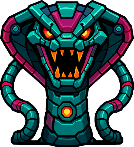 different big cyber snake Robot enemy from the front side facing camera. HD colors. separated
In-Game asset.  2d.  High contrast.  No shadows