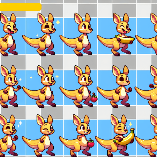 A spritesheet with a number of poses of an happy little female kangaroo in a banana skirt, smiling, walking, waiting, standing, ordering, turning, etc. all seen from the side.The spritesheet should be laid out in a rectangular grid with clear space between each individual sprite. Each sprite in the sheet should be around 300x600 pixels in size..
Single Game Texture. In-Game asset. 2d. Blank background. High contrast. No shadows.