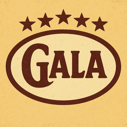 Galatasaray logosuna benzer bir logo oluştur "Gala" yazsın . Üstünde de 5 yıldız olsun . retro temada olsun ..
In-Game asset.  2d.  High contrast.  No shadows