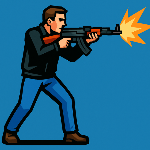 un hombre usando una chaqueta negra pantalones azules disparando un ak47.
In-Game asset.  2d.  High contrast.  No shadows con la perspectiva lateral de cuerpo completo