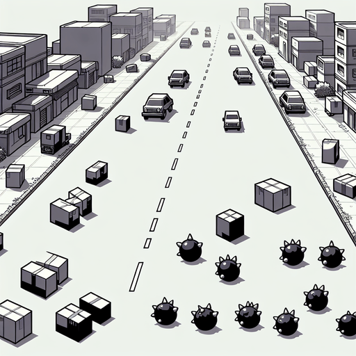 UMA rua de dia com caixas na estrada com bolinha pretas com chifres branco pequenos,jogo 2d.
Single Game Texture. In-Game asset. 2d. Blank background. High contrast. No shadows.