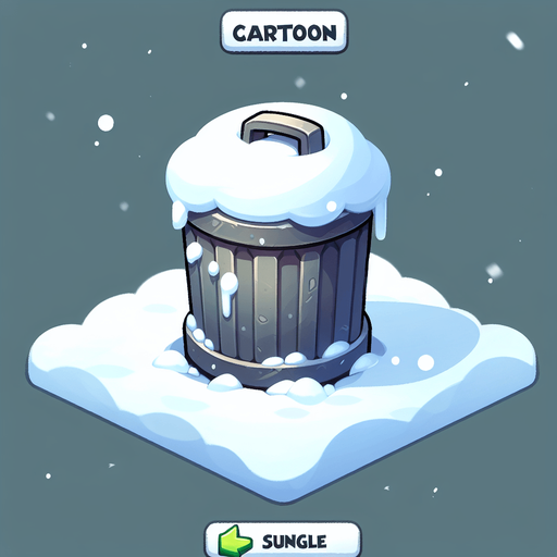 Мусорный бак стоит в снегу. Мультяшный.
Single Game Texture.  In-Game asset.  2d.  Blank background.  High contrast.  No shadows