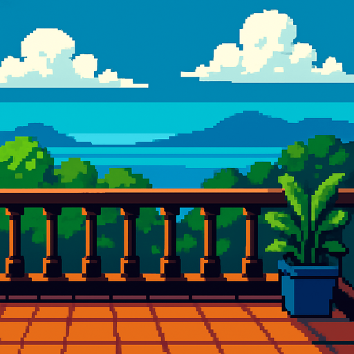 balkon manzarası görüntüsü oluştur pixel art tarzında.
In-Game asset.  2d.  High contrast.  No shadows
