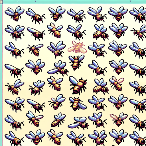 A sprite sheet of bees flying. Birds Eye view. No wings. Bold cartoon graphics. Looking down on bee
Single Game Texture. In-Game asset. 2d. Blank background. High contrast. No shadows.