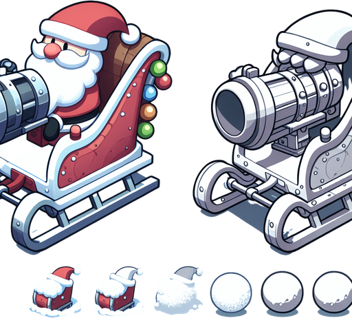 Icon for a Snowball machine on the back of santas sledge, cartoon, with the text „snowball machine“ on the top Single Game Texture. In-Game asset. 2d. Blank background. High contrast. No shadows.
