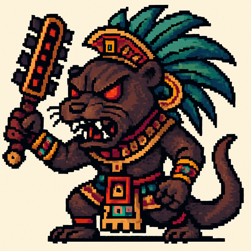 Genérame una Nutria Neotropical guerrero azteca con eso patrones, estilo pixelar, con una apariencia maligna, ojos rojos, rabioso. Unidad cuerpo a cuerpo. Animal.
In-Game asset.  2d.  High contrast.  No shadows