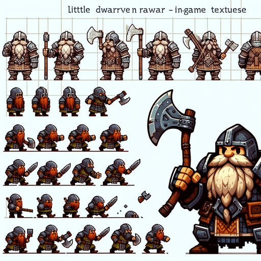 A spritesheet with various poses for a heavily armored little dwarven warrior with an axe in various poses for use in an endless runner game. Te poses should include walking, eating, jumping, ducking low, and chargingforward. Sprites should be laid out in a rectangular grid wih blank space between them. Style should be medieval fantasy..
Single Game Texture. In-Game asset. 2d. Blank background. High contrast. No shadows.