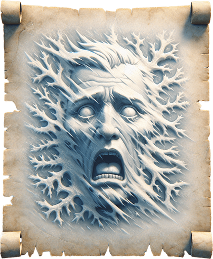 a pergament letter with the name "freezing Circumstances". It has a very froozen shocked face on it. Single Game Texture. In-Game asset. 2d. Blank background. High contrast. No shadows.