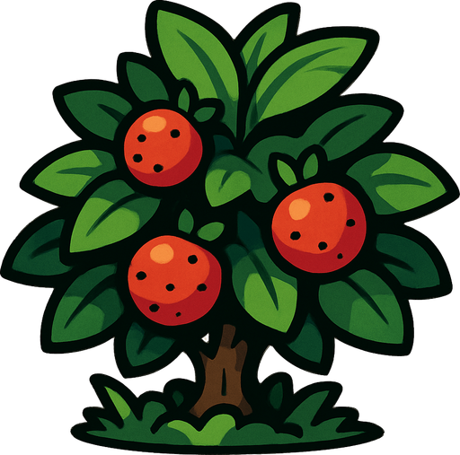 a berry bush with a phew yummy berries on it.
In-Game asset.  2d.  High contrast.  No shadows