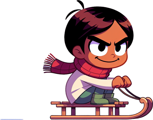 Little brat on a sledge, girl, cartoon, winter, sideview, evil Single Game Texture. In-Game asset. 2d. Blank background. High contrast. No shadows.