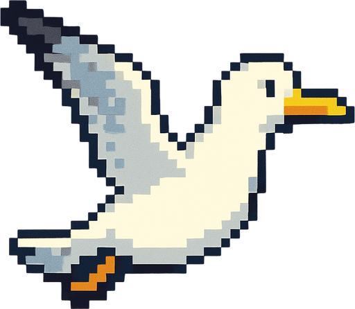 seagull looking to the right, pixelart, flying.
In-Game asset.  2d.  High contrast.  No shadows