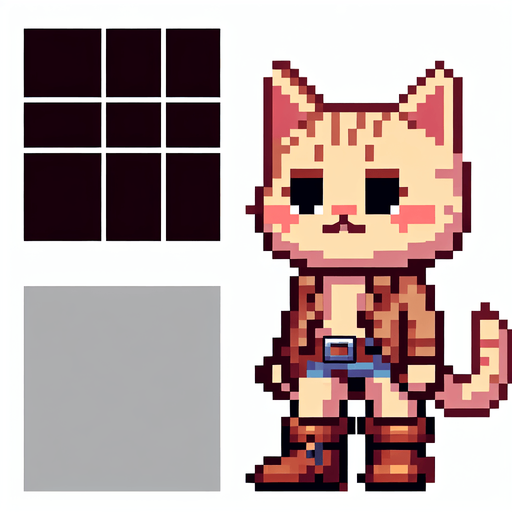 Çizmeli kedi pixel art.
Single Game Texture.  In-Game asset.  2d.  Blank background.  High contrast.  No shadows