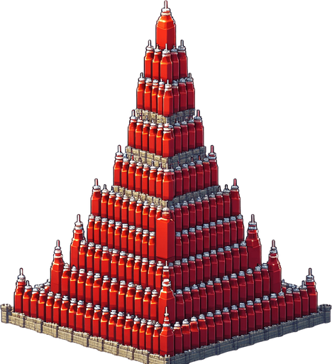 a tower made out of ketchup.
Single Game Texture. In-Game asset. 2d. Blank background. High contrast. No shadows.