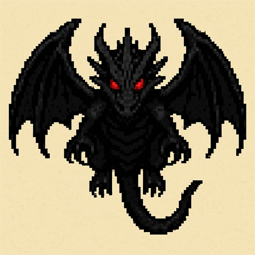 um dragão negro com olhos vermelhos, arte pixel 32bits, vista frontal aerea.
In-Game asset.  2d.  High contrast.  No shadows
