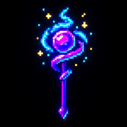 neon ışıklı büyü piksel.
In-Game asset.  2d.  High contrast.  No shadows