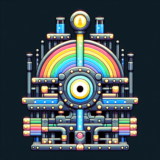 Vue de face centrée d'une machine magique en forme de pièce montée arc-en-ciel avec une petite entrée d'alimentation en bas au milieu, un très grand hublot central et un tube transparent dirigé vers le haut..
Single Game Texture.  In-Game asset.  2d.  Blank background.  High contrast.  No shadows