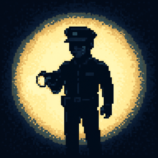 Guardia completamente negro con linterna iluminando con un circulo de aura pixelart.
In-Game asset.  2d.  High contrast.  No shadows