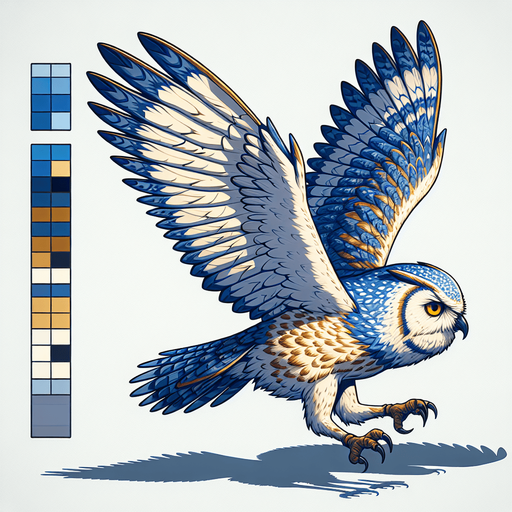 flying owl with blue gold color mix asset.
Single Game Texture.  In-Game asset.  2d.  Blank background.  High contrast.  No shadows