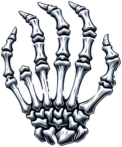 stylized skeleton hand.
Single Game Texture. In-Game asset. 2d. Blank background. High contrast. No shadows.