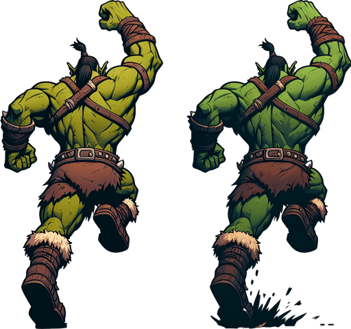 Two images of an orc. one running and one jumping to attack. both from behind, rear view. cartoon.
Single Game Texture.  In-Game asset.  2d.  Blank background.  High contrast.  No shadows