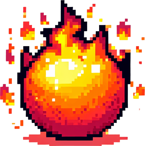 yuzu olan kizqin bir ates topu sinirli yakici ve pixelart.
Single Game Texture.  In-Game asset.  2d.  Blank background.  High contrast.  No shadows