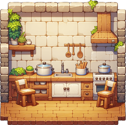 mutfak.
Single Game Texture.  In-Game asset.  2d.  Blank background.  High contrast.  No shadows