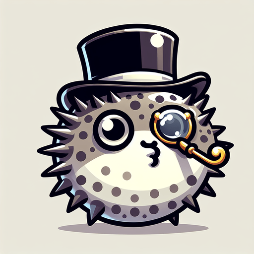 the face of a puffer fish with a top hat and monocle. facing straight forward. cartoon. color
Single Game Texture.  In-Game asset.  2d.  Blank background.  High contrast.  No shadows