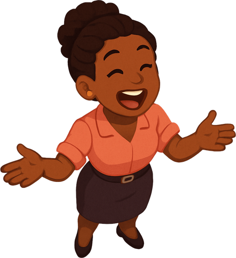 A women working in an office who loves to talk an talks too much. Dark skin color. Standing up and ready spew the latest gossip to whoever comes near. Full body viewed from the above. Everybody who comes near hear gets bombarded with her talking about what happened the past weekend. Friendly looking. Cute soft graphics. soft ambient light. semi-matte to satin surfaces. naturalistic with slight saturation boost colors. Tone is premium, friendly, clean with lifestyle or service-oriented appeal.
In-Game asset.  2d.  High contrast.  No shadows. top down. View from above.