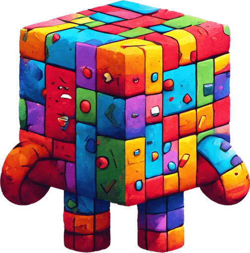 A little cube person. 2 legs. back to viewer. facing 45 degrees to the right. multicoloured skin, cartoon style.  Holding a big arrow point at 45 degress up
