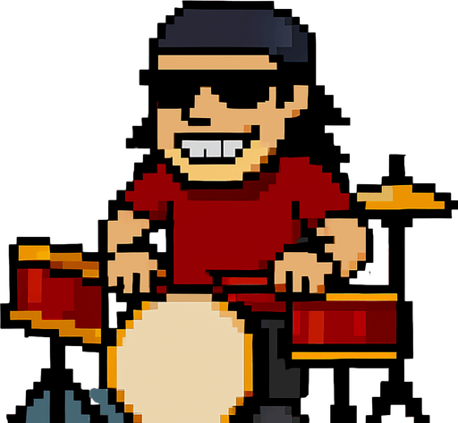 make the next frame when he is hitting the drums while grin smile with one's teeth showing, his hands are down and drumstick are on the drums