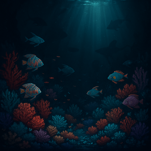 A fantasy underwater scene in a dark deep ocean, illustrated in highly detailed fantasy art style. The background is a dark abyss with faint rays of light piercing from above, casting soft glows through the water. At the bottom of the scene, vibrant and colorful coral reefs in hues of red, purple, teal, and orange spread across the sea floor. Exotic fish swim gently among the coral. The entire scene is viewed with a cinematic wide angle. Shadows of sea creatures loom faintly in the background. The water has particles suspended, giving it a mysterious and immersive depth. Bioluminescent algae softly glow in some areas of the coral. The overall tone is mysterious yet magical. Black background base. Ideal for a 5x5 grid overlay. No text, pure environment. 4K ultra-detailed fantasy illustration..
In-Game asset.  2d.  High contrast.  No shadows
