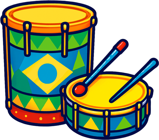 A bright, cartoon-style illustration of Brazilian samba drums including a tamborim and surdo, decorated with carnival colors. Transparent rounded background PNG, optimized for game asset..
In-Game asset.  2d.  High contrast.  No shadows