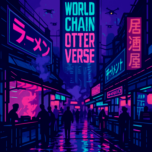 Generate a 4K cyberpunk street market scene at dusk: crowded neon stalls, glowing signage in kanji and Latin scripts, and slick pavement reflecting holographic ads. A towering LED banner proclaims ‘World Chain Otterverse’ in bold angular typography. Add drifting smoke from street food vendors, flickering drone traffic overhead, and a moody violet-cyan color palette—no characters or coins visible..
In-Game asset.  2d.  High contrast.  No shadows