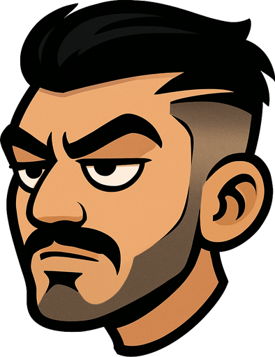 Cartoon-style head of a “keko” character inspired by Turkish street style. The sides of his hair are shaved short, the top is longer and voluminous. A sharp razor line is cut into the left side of his hair. He has a thin mustache and a neatly trimmed beard along the jawline. Thick eyebrows and half-closed, confident eyes give him a bold, slightly smug expression. Skin tone is tan or medium. His face has sharp, masculine features. The style is cartoonish, not photorealistic. Background is minimal to keep focus on the character’s head. The head is slightly tilted forward, as if ready to fly like in Flappy Bird. Overall vibe is playful but with a tough, urban edge..
In-Game asset.  2d.  High contrast.  No shadows