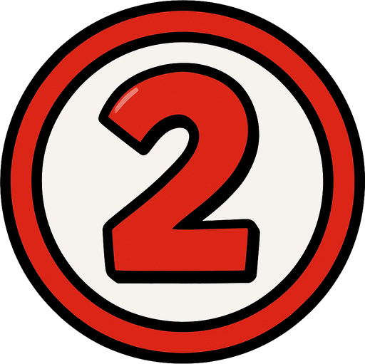 Numero 2 de color rojo dentro de un circulo blanco..
In-Game asset.  2d.  High contrast.  No shadows. Cartoon 2D
