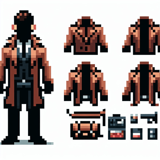 uma spritesheet de um espião desconhecido, a segunda sprite é dele abrindo sua jaqueta para mostrar os itens que ele tem pixel art.
Single Game Texture. In-Game asset. 2d. Blank background. High contrast. No shadows.
