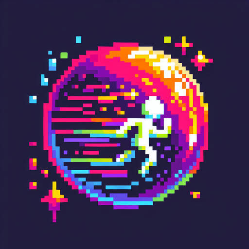 pixel art bubble with a stick figure inside of it that's dashing and add three small lines behind it in neon color..
Single Game Texture. In-Game asset. 2d. Blank background. High contrast. No shadows.