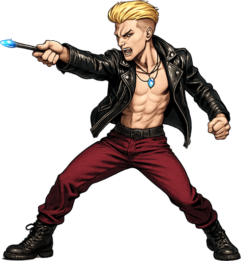 Cyberpunk manga man blonde undercut pompadour shiny black leather biker jacket longsleeves shirtless thin abs pecs necklaces gemstone tipped wand side profile view, action shot wand pointed straight in front arm extended wand casting spell feet planted, standing upright fierce fashion pose animation blonde undercut pompadour, vampire fangs, wine red joggers, combat boots, Background removed, "Full-body character, entirely in frame, no cropping of face, head, or feet" "Complete character visible, from head to toe, fully centered in the image" "Entire character, including face and shoes, fully within the frame" Character fully contained within a square frame, no edges cut off,