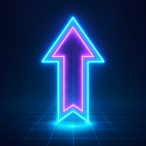 neon cyberpunk arrow pointing north glowing hologram flat 3d straight on symmetrical
