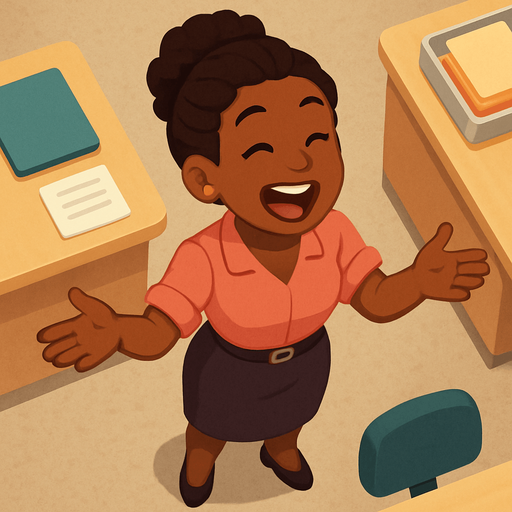 A women working in an office who loves to talk an talks too much. Dark skin color. Standing up and ready spew the latest gossip to whoever comes near. Full body viewed from the above. Everybody who comes near hear gets bombarded with her talking about what happened the past weekend. Friendly looking. Cute soft graphics. soft ambient light. semi-matte to satin surfaces. naturalistic with slight saturation boost colors. Tone is premium, friendly, clean with lifestyle or service-oriented appeal.
In-Game asset.  2d.  High contrast.  No shadows. top down. View from above.