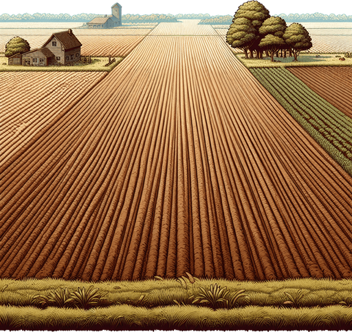 A straight top down perspective illustration of a large empty field with fertile, plowed but unplanted brown soil.There should be a farmhouse near the top..
Single Game Texture. In-Game asset. 2d. Blank background. High contrast. No shadows.