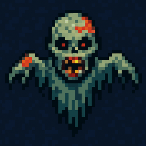 Um fantasma zumbi voador, arte pixel, vista aerea frontal.
In-Game asset.  2d.  High contrast.  No shadows