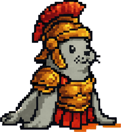 una foca de pixeles con armadura de gladiador.
In-Game asset.  2d.  High contrast.  No shadows