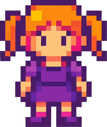 pikselli bir karakter ama kız.
In-Game asset.  2d.  High contrast.  No shadows