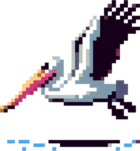 8-bit profile of pelican flapping it's wings downward.
Single Game Texture. In-Game asset. 2d. Blank background. High contrast. No shadows.