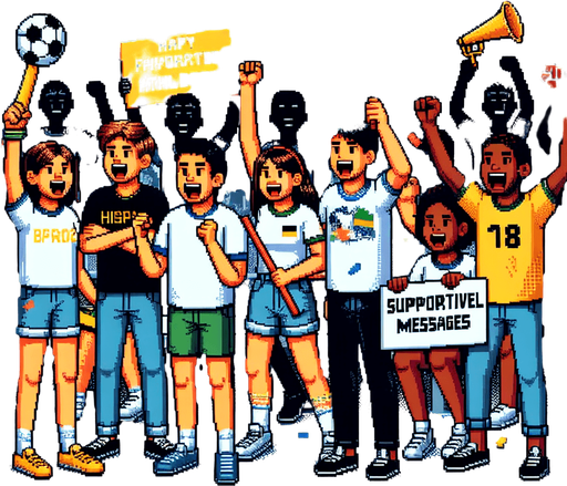 8-bit pixelated cheering group of young fans at the olympics holding signs, Vuvuzelas and confetti.
Single Game Texture. In-Game asset. 2d. Blank background. High contrast. No shadows.